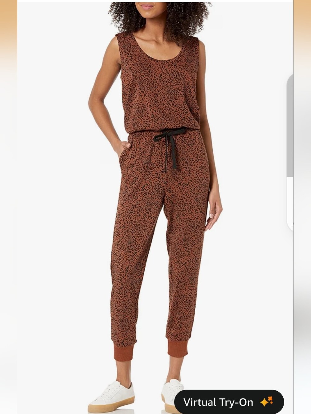 Amazon Essentials Brown Printed Sleeveless Jumpsuit with Drawstring